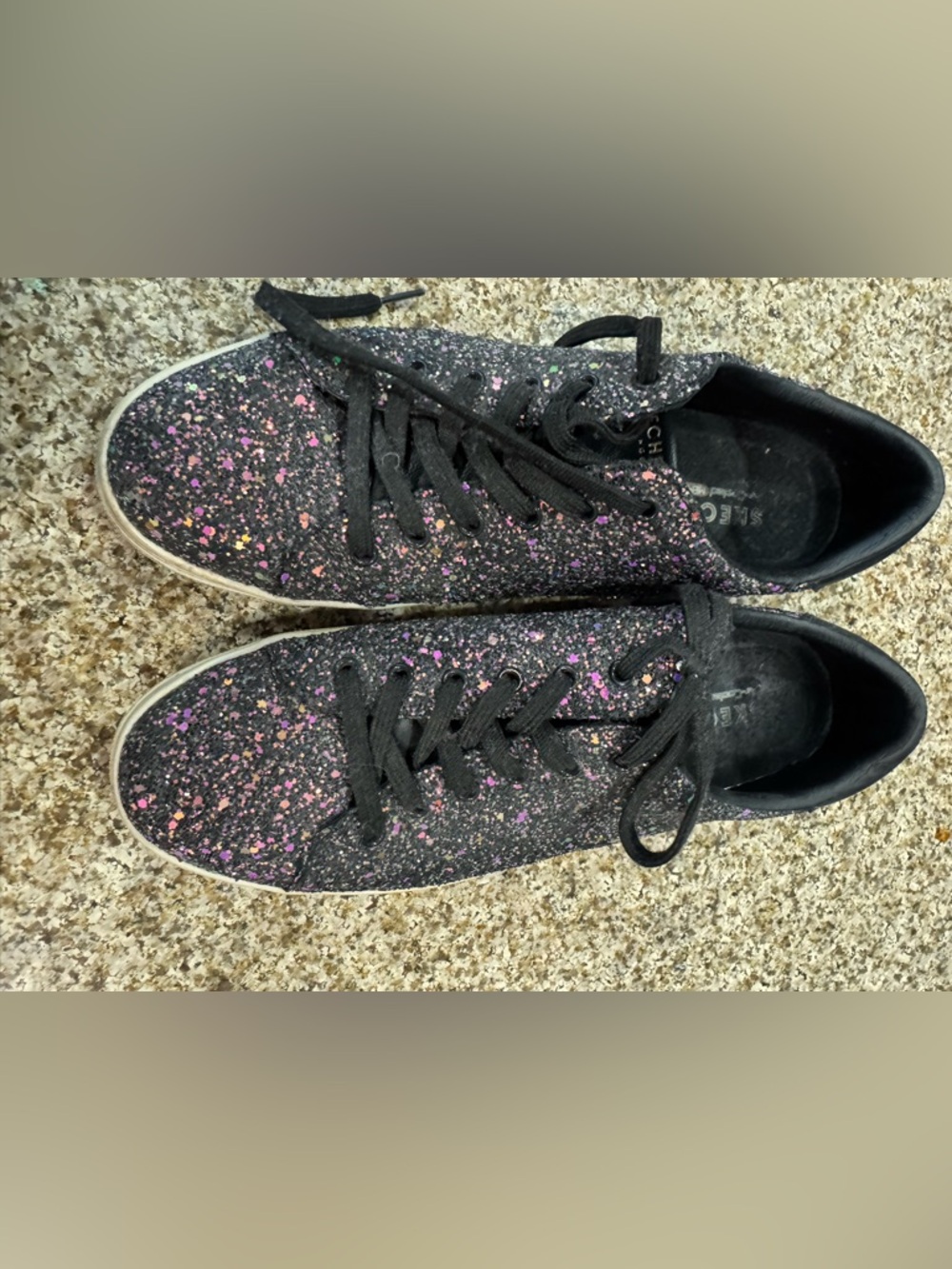 Skechers Black Slip-On Sneakers with Pink & Purple Glitter Accents